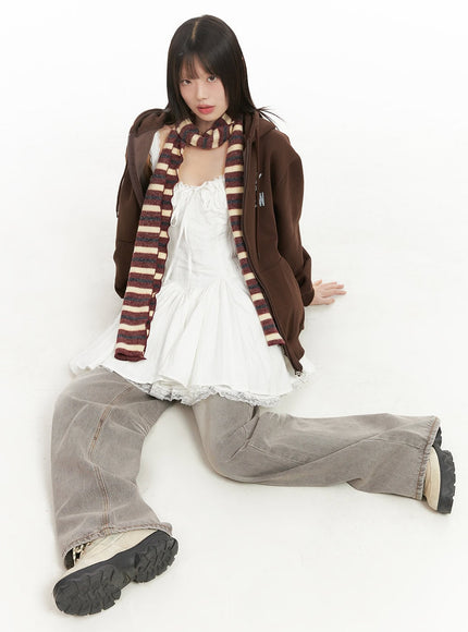 oversized-graphic-print-zip-up-hoodie-cd426 / Brown