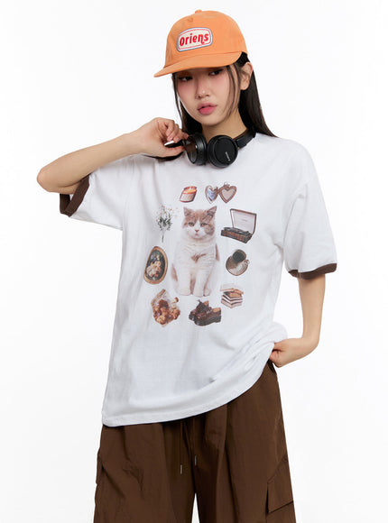 kitty-graphic-oversize-tee-iu509 / Brown