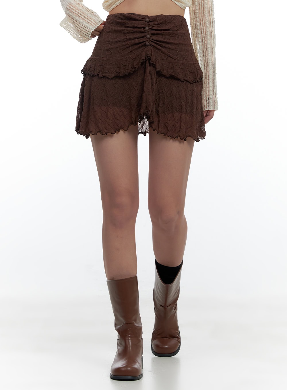 lace-button-draped-mini-skirt-cs424 / Brown