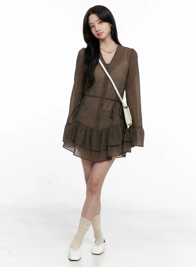 sheer-ruffle-mini-dress-co523 / Brown