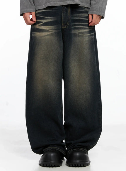 mens-vintage-washed-wide-leg-jeans-is509 / Dark blue