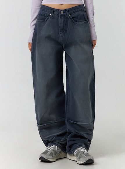pintuck-washed-wide-leg-jeans-cf401 / Dark blue
