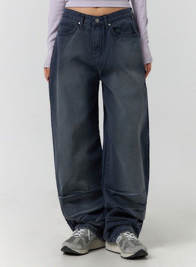 pintuck-washed-wide-leg-jeans-cf401 / Dark blue