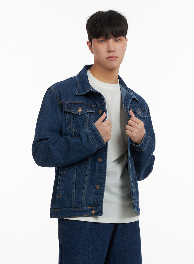 mens-solid-button-denim-jacket-ia402 / Dark blue