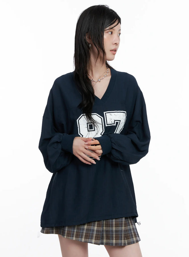 87-oversized-v-neck-pullover-top-cs526 / Dark blue