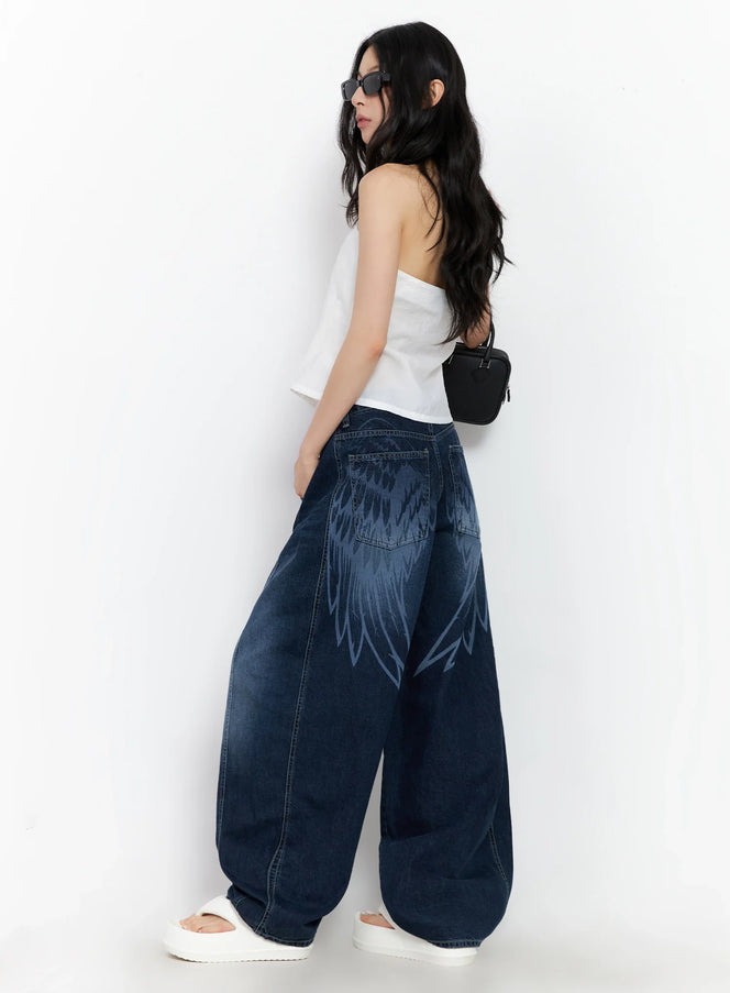 sohee-angel-wing-print-wide-leg-jeans / Dark blue
