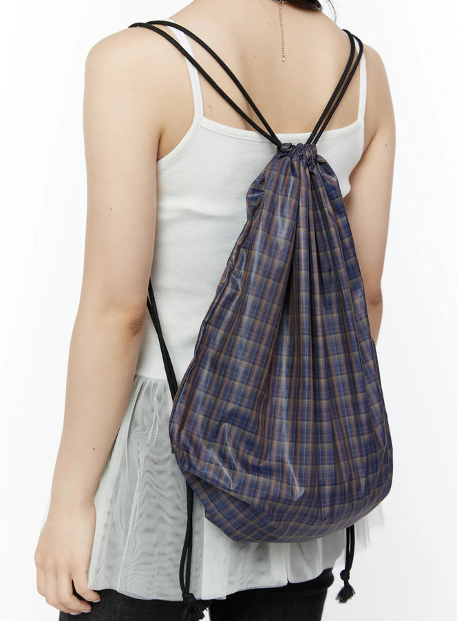 vintage-plaid-drawstring-backpack-iy511 / Dark blue