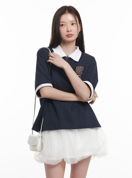 embroidered-logo-collared-top-iy513 / Dark blue
