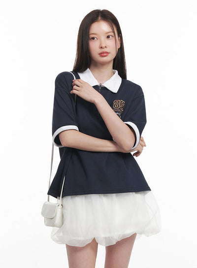 embroidered-logo-collared-top-iy513 / Dark blue