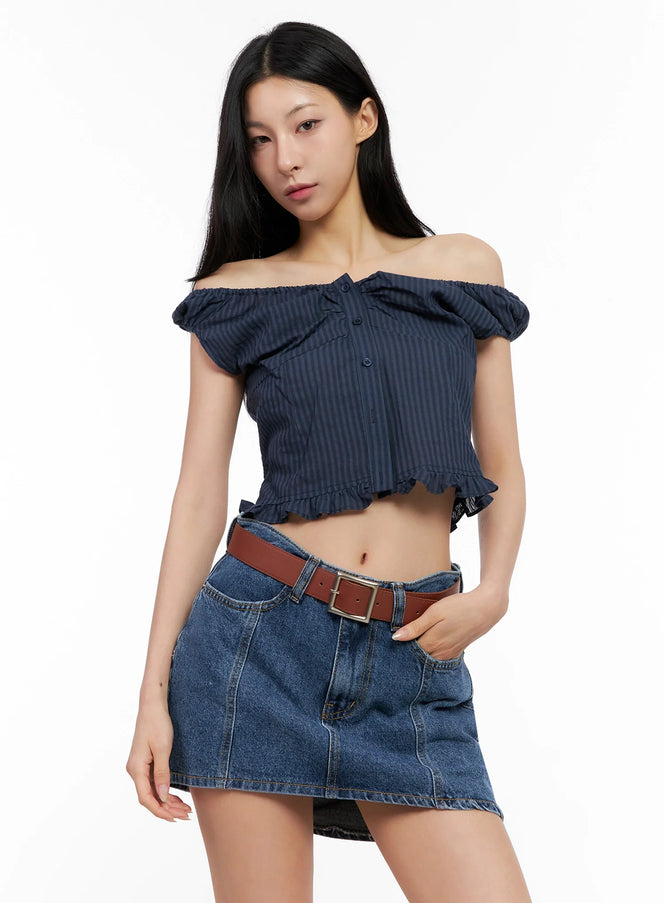 off-shoulder-puff-sleeve-blouse-ig508 / Dark blue