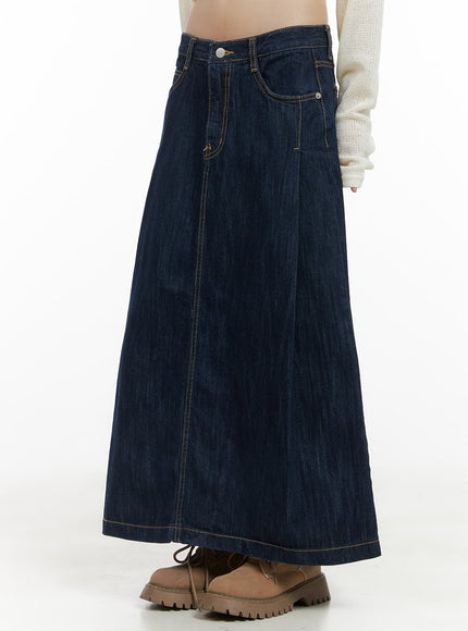 stitched-pintuck-denim-maxi-skirt-cg426 / Dark blue