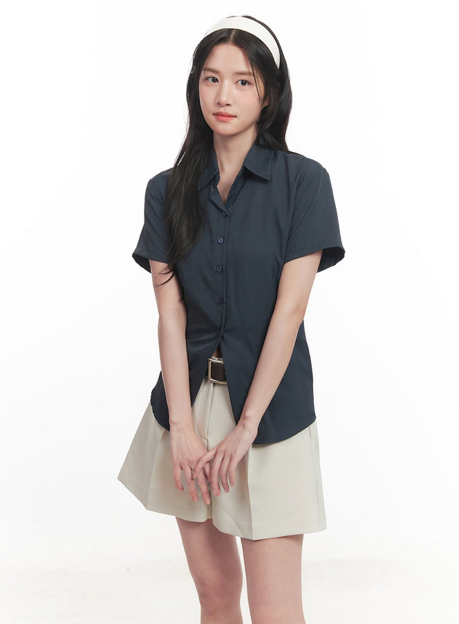slim-fit-buttoned-half-sleeve-shirt-ca510 / Dark blue