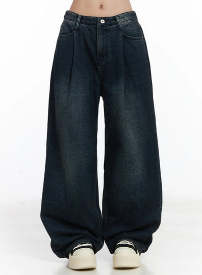 lettie-fleece-pintuck-wide-leg-jeans-cd529 / Dark blue