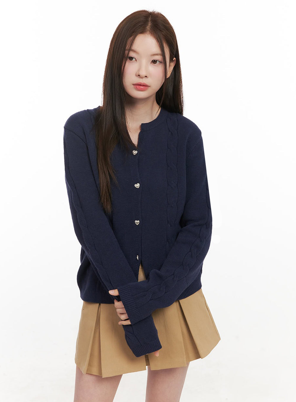 heart-button-cable-knit-cardigan-if505 / Dark blue