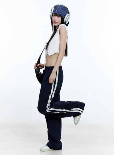 lace-trim-wide-leg-sweatpants-cg511 / Dark blue