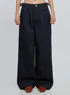 soobin-side-button-wide-leg-jeans-io530 / Dark blue