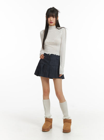 pleated-denim-mini-skirt-cj415 / Dark blue