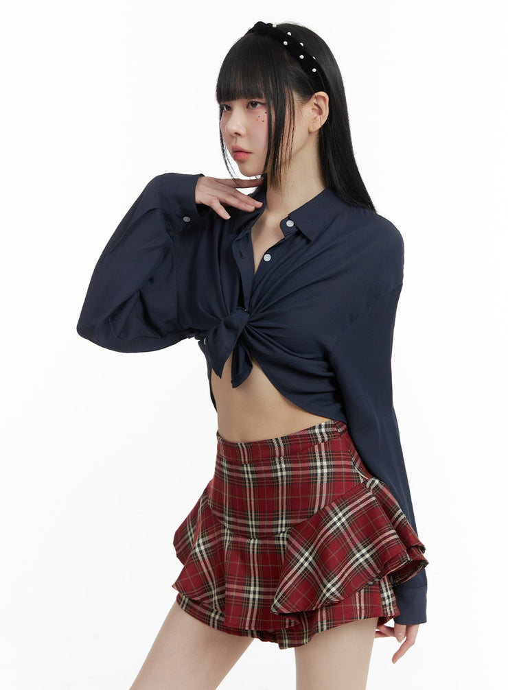 buttoned-collar-cropped-blouse-om426 / Dark blue