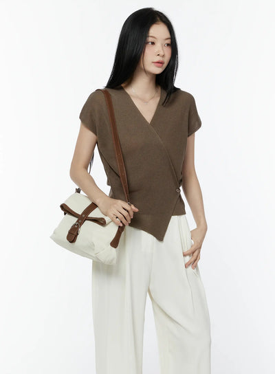 v-neck-button-wrap-short-sleeve-knit-top-iu503 / Dark brown