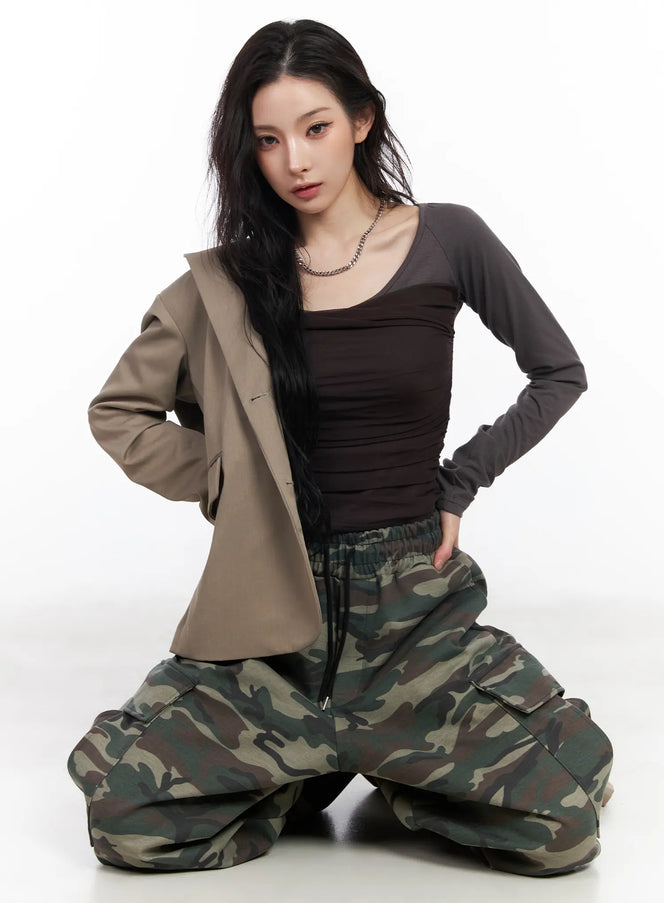 ruched-chiffon-crop-long-sleeve-top-cm518 / Dark brown