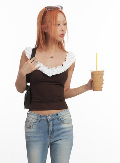 frill-trimmed-crop-top-ia515 / Dark brown