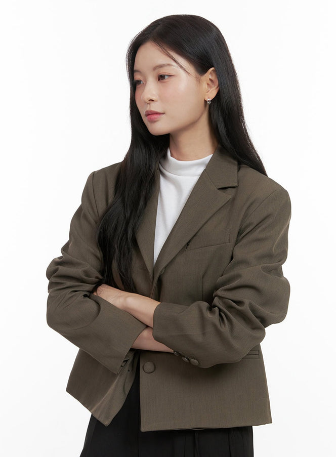 buttoned-collar-short-blazer-os423 / Dark brown