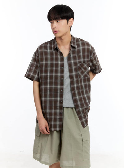 men-s-check-collared-short-sleeve-shirt-iy530 / Dark brown