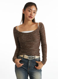metallic-sheen-u-neck-sweater-co318 / Dark brown