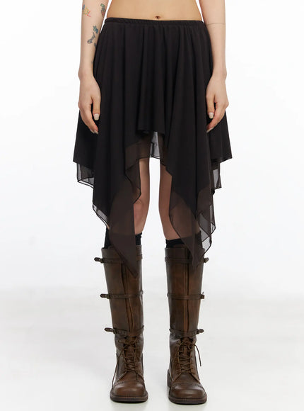 asymmetric-flare-chiffon-midi-skirt-cj523 / Dark brown