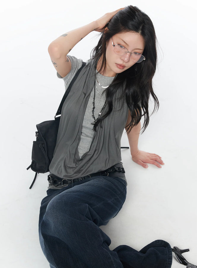 draped-halter-neck-tank-top-ca524 / Dark gray