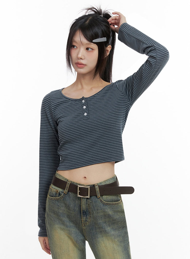 stripe-buttoned-long-sleeve-crop-top-io430 / Dark gray