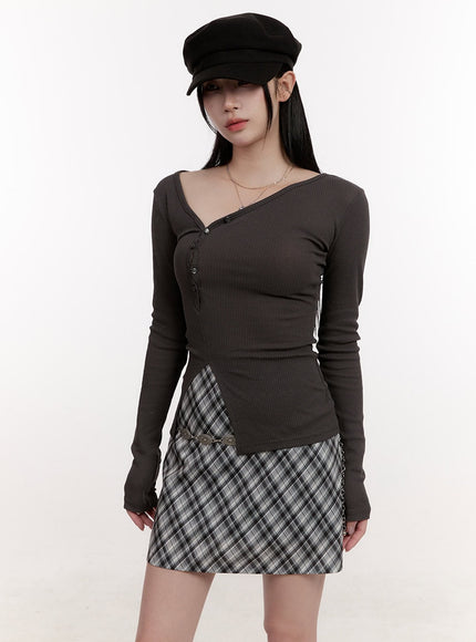 asymmetric-buttoned-slim-fit-long-sleeve-top-cj531 / Dark gray