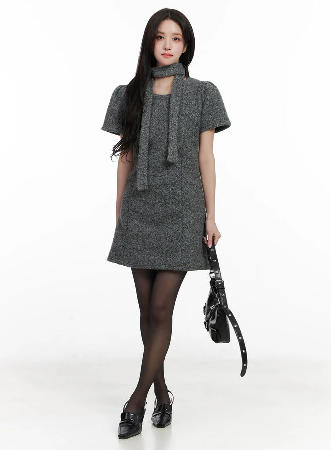 textured-mini-dress-and-scarf-set-cn526 / Dark gray
