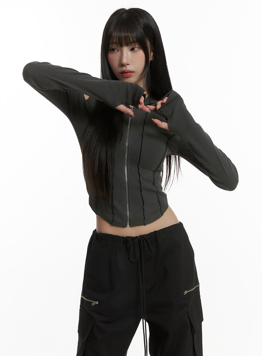 Ribbed Hooded Slim Crop Zip-Up Top CG430 - Acubi style | LEWKIN