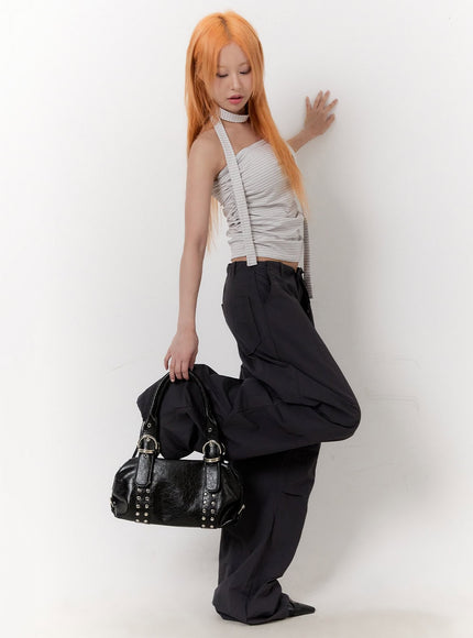 nylon-string-wide-fit-pants-cu502 / Dark gray