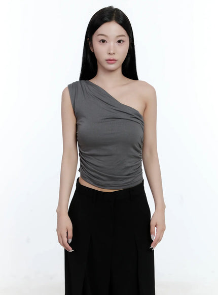 asymmetric-ruched-one-shoulder-top-cl530 / Dark gray