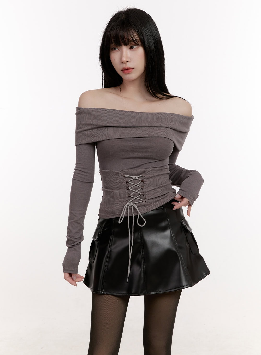 ribbon-corset-off-shoulder-long-sleeve-top-cj529 / Dark gray