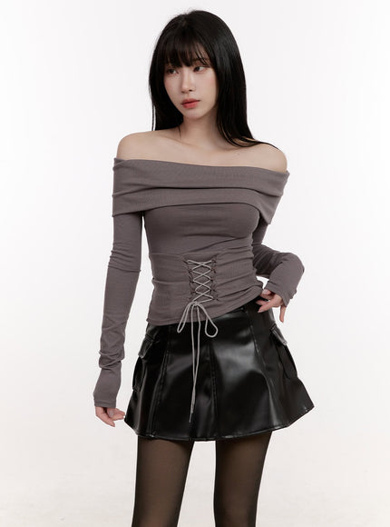 ribbon-corset-off-shoulder-long-sleeve-top-cj529 / Dark gray