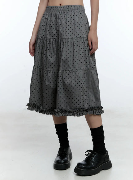 frill-polka-dot-tiered-midi-skirt-cu526 / Dark gray