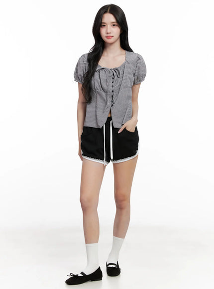 striped-puff-sleeve-ribbon-top-cl516 / Dark gray