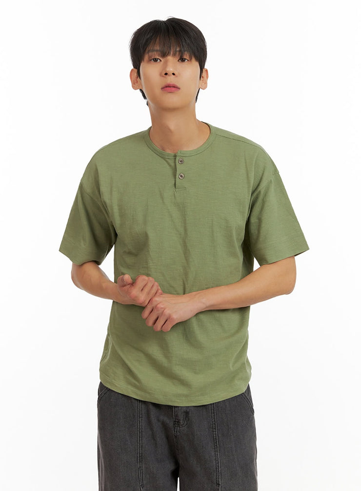 mens-cotton-round-neck-button-t-shirt-dark-green-iu418 / Dark green