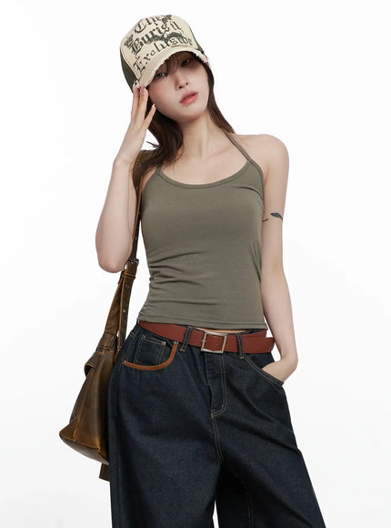 cozy-fleece-halter-tank-top-in514 / Dark green