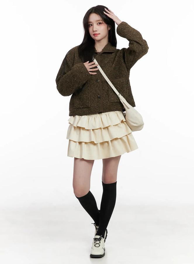 boucle-collar-fleece-jacket-cn526 / Dark green