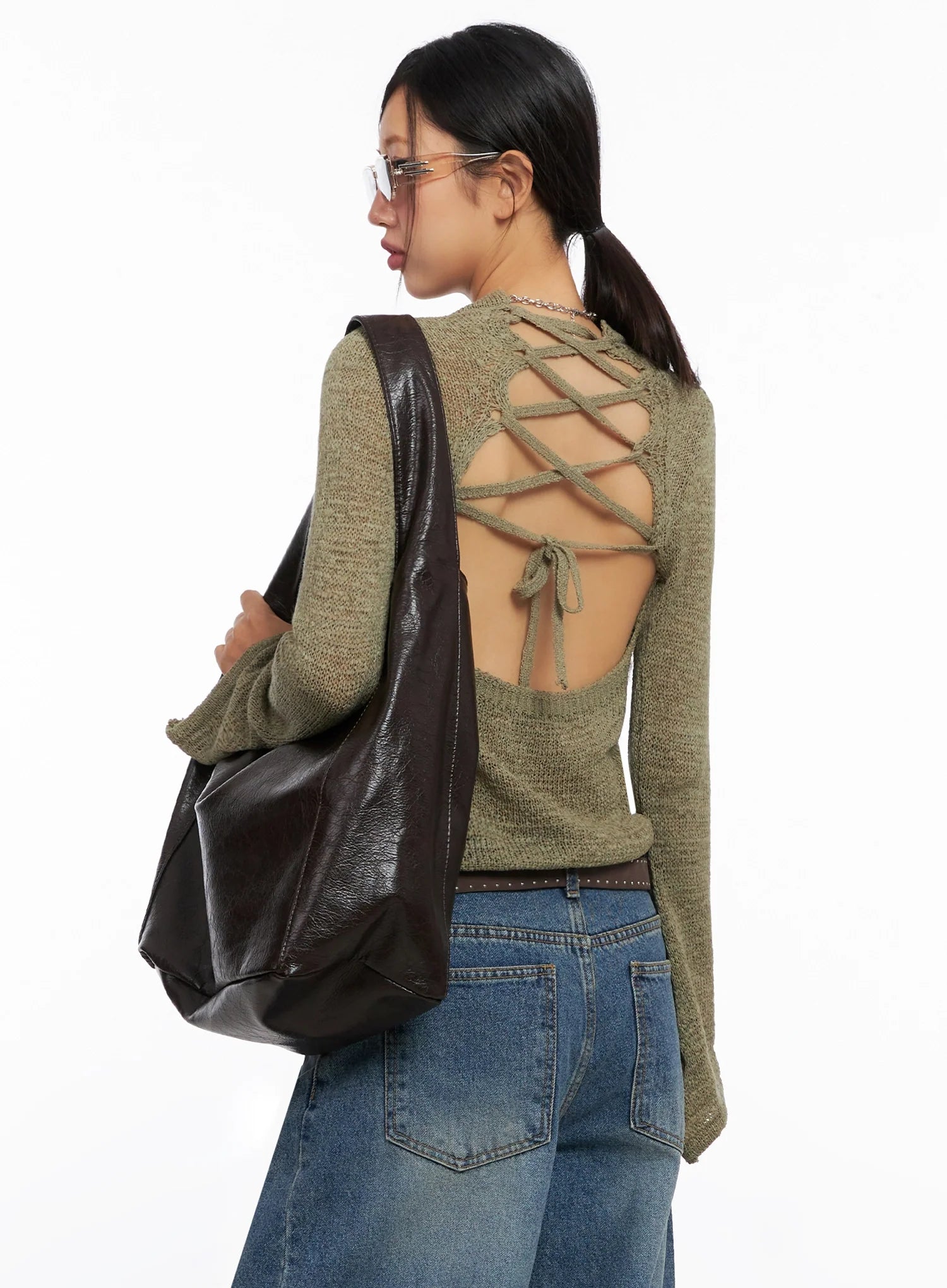 lace-up-back-top-ig527 / Dark green