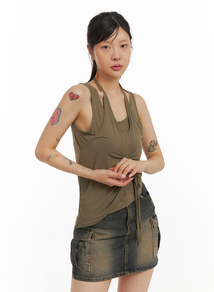 halter-shirred-sleeveless-top-iy410 / Dark green