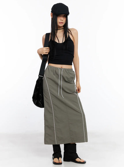 nylon-drawstring-maxi-skirt-cl530 / Dark green