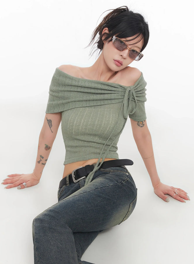 elegant-ribbed-off-shoulder-knit-top-ic503 / Dark green