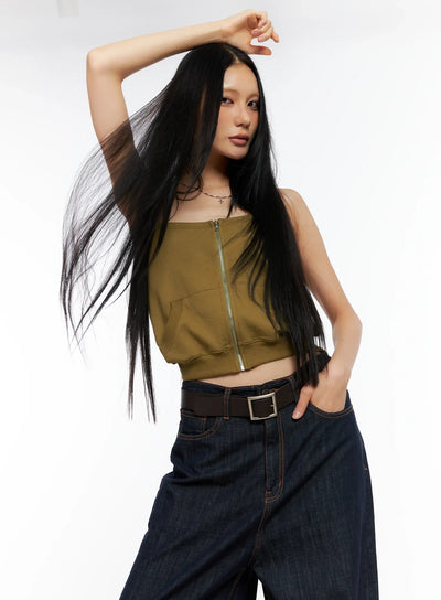 knit-zip-up-halter-top-cl529 / Dark green