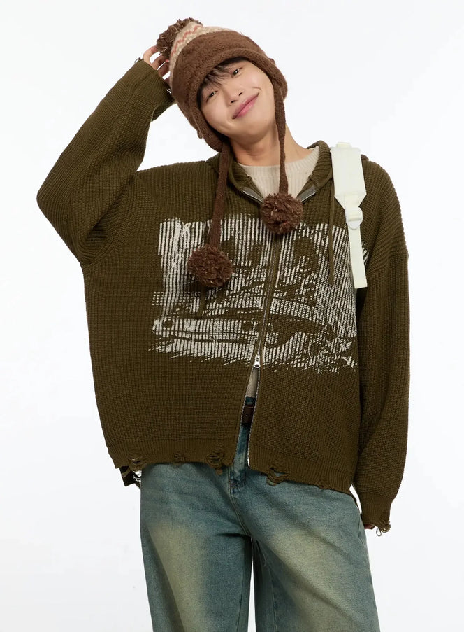 mens-laser-printed-knit-hooded-zip-up-in525 / Dark green