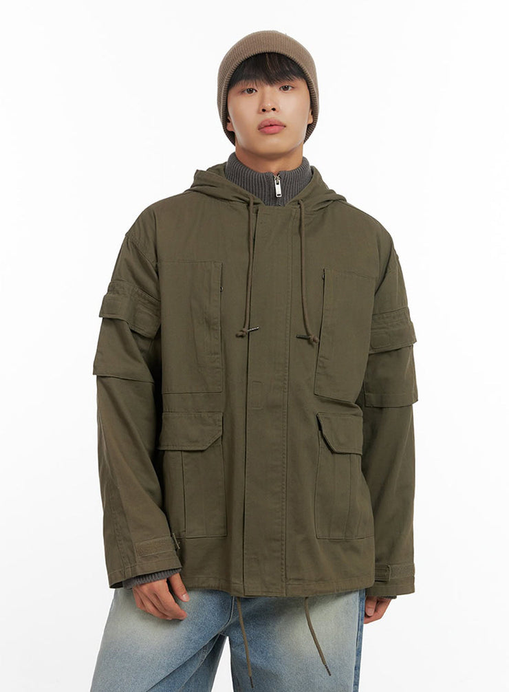 mens-hooded-zip-up-field-jacket-io420 / Dark green